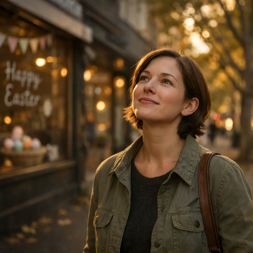 A woman pausing on a Melbourne street at dusk beside a Happy Easter shop window, reflecting quietly